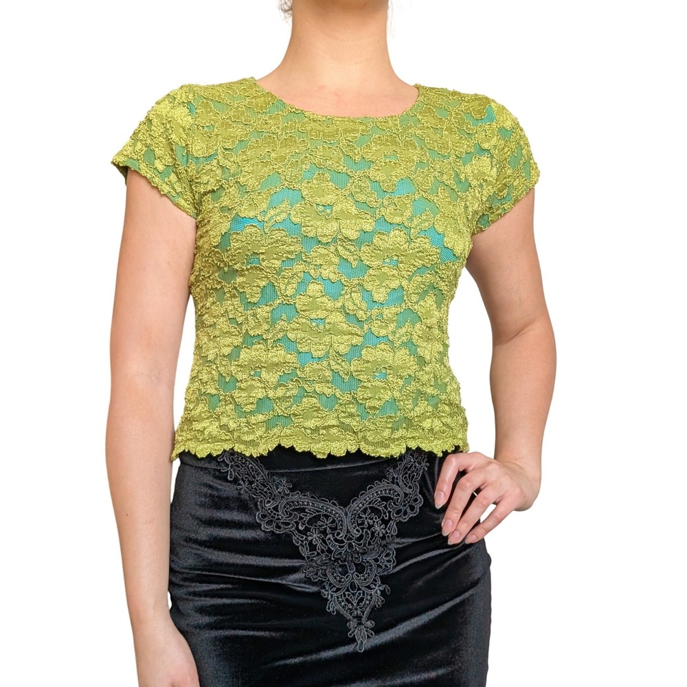 Vintage Y2K Whimsigoth Coquette Chartreuse Green & Teal Mesh Lace Tee-Shirt